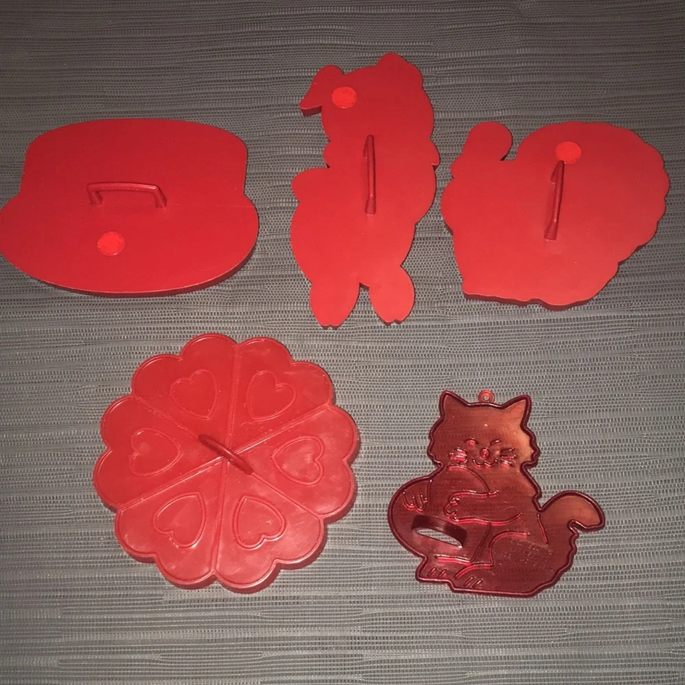 Lot of 5 Red Plastic Vintage Stamp Cookie Cutters Valentine Birthday Turkey